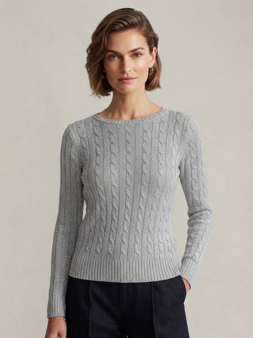 Ralph Lauren Silk Blend Silver Metallic Cable Crewneck Sweater Size XL